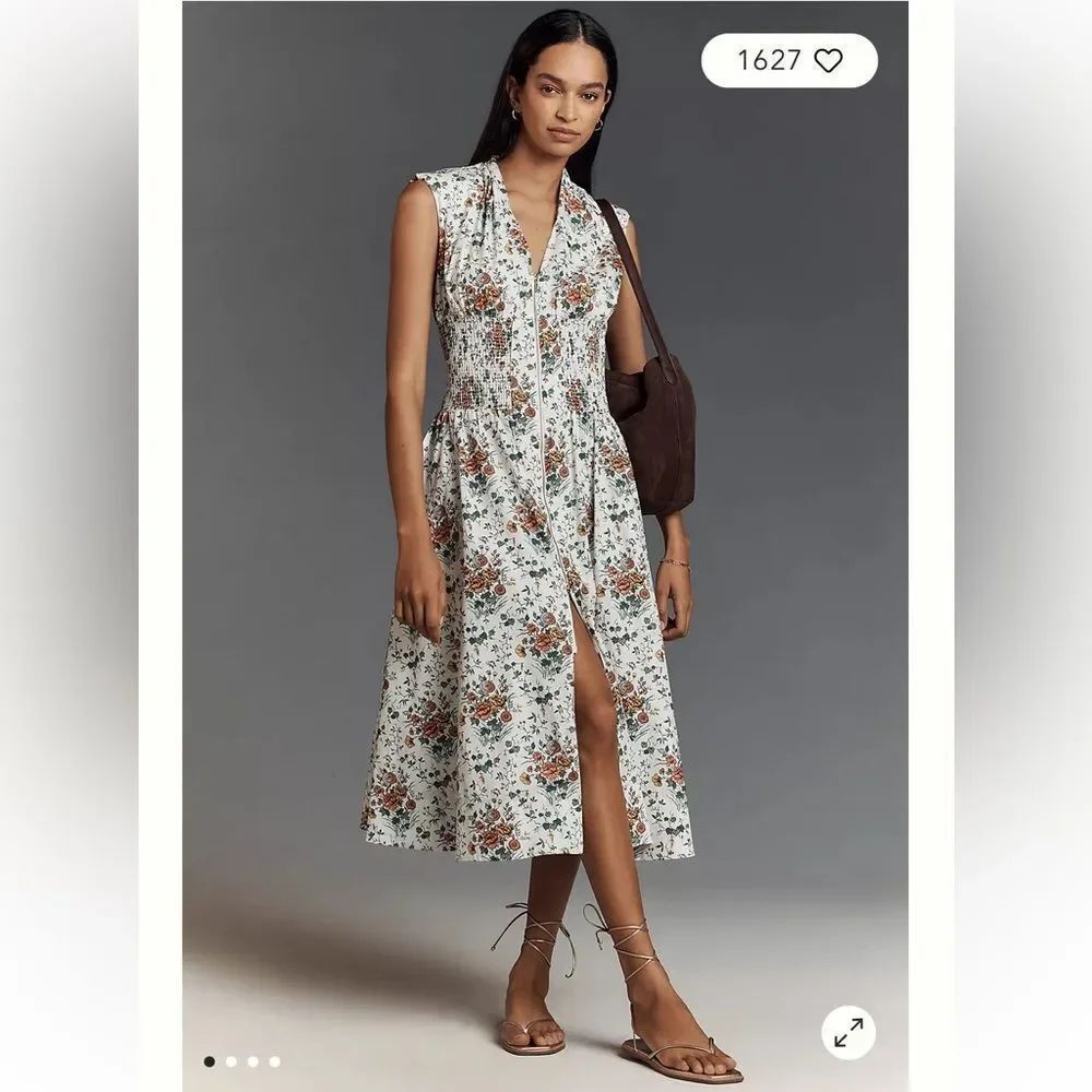 Anthropologie The Tommie Cap-Sleeve Smocked Front-Zip Midi Shirt Dress